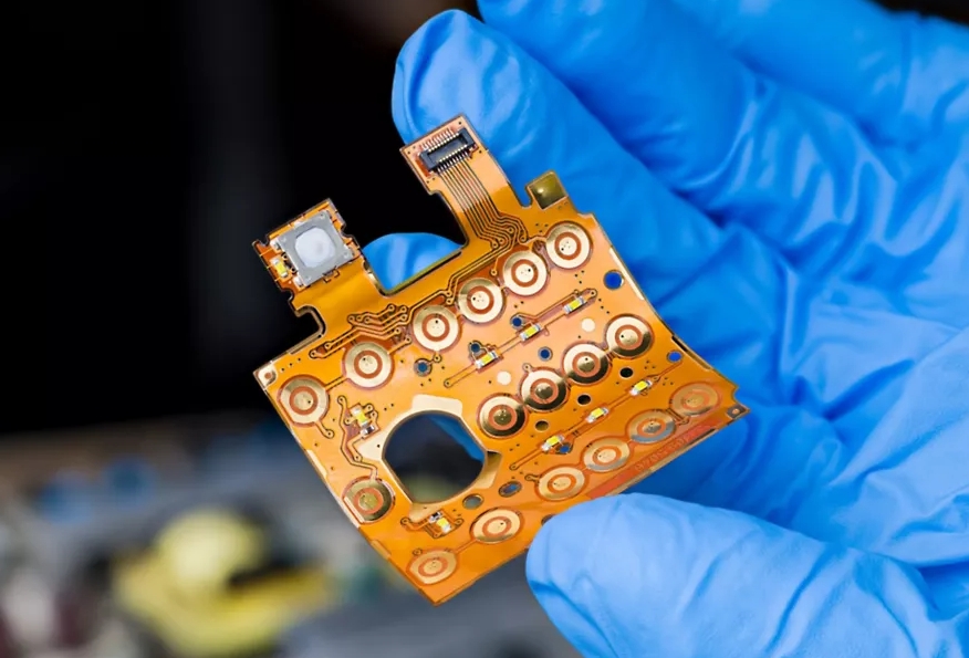 Flexible PCB in a non-rectangular design for compact applications.