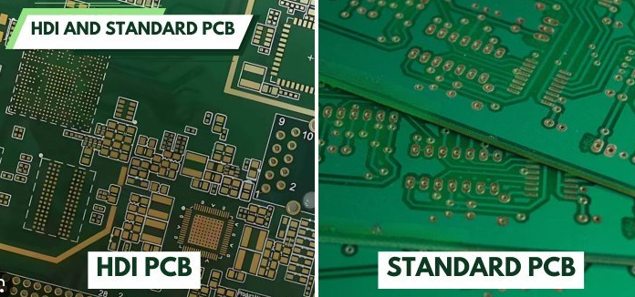 Comparison of Traditional PCB vs HDI PCB with denser wiring and smaller vias