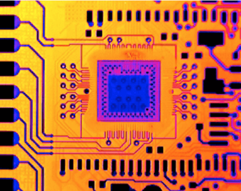 Thermal image of electronic PCB showing heat generation hotspots