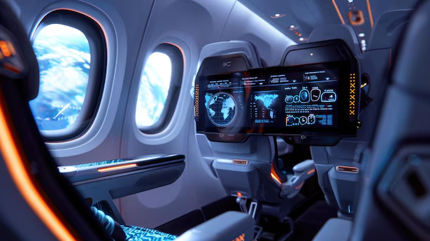 Futuristic aircraft interior with advanced PCB-driven systems