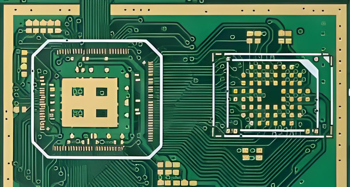Complex PCB layout with dense trace routing for high-speed design.
