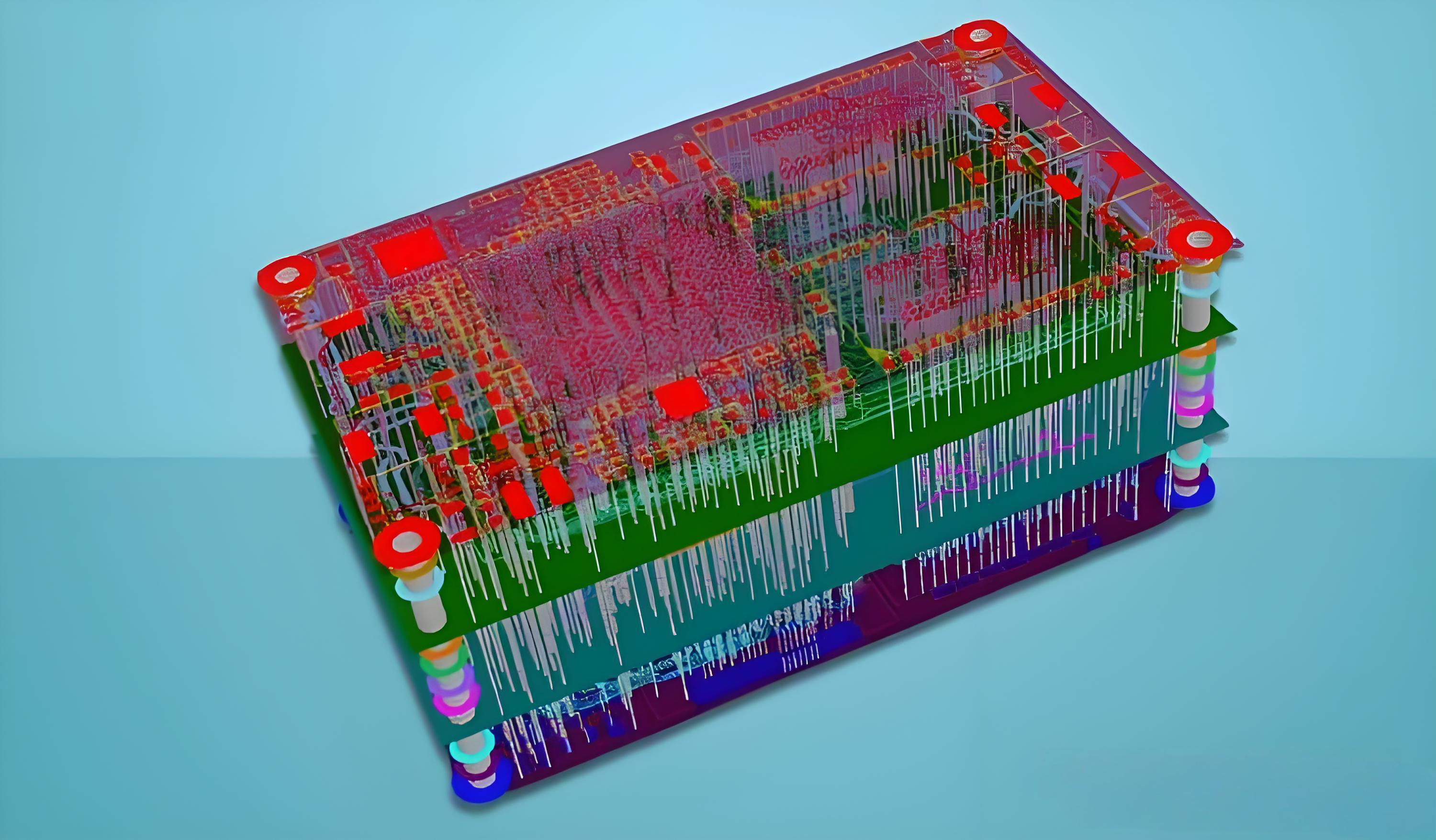 PCB design software showing complex trace routing and layer stackup.