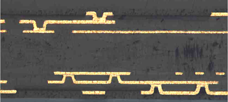 Cross-section of HDI PCB showing microvias and dense layer stack-up for signal integrity.