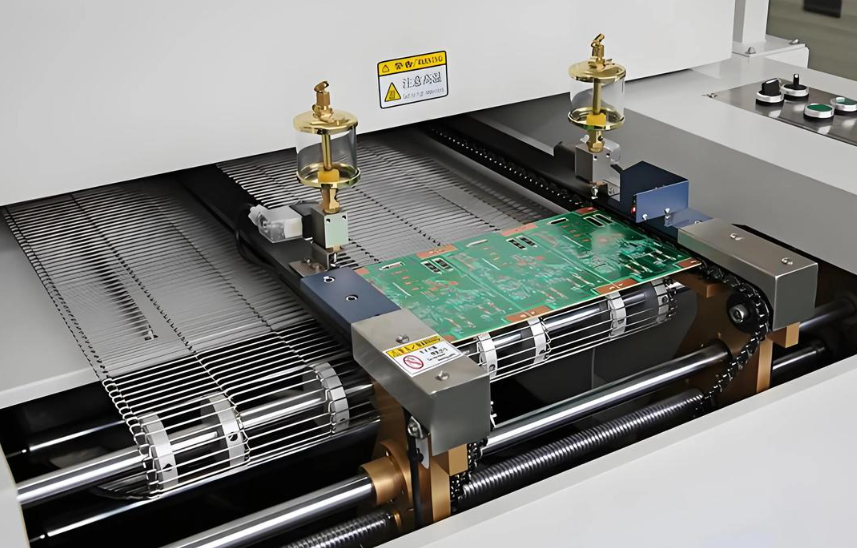 PCB inside a reflow oven during custom reflow profile soldering