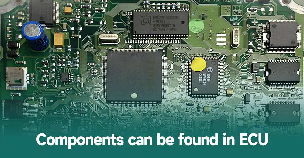 Close-up of ECU PCB components for identification during reverse engineering