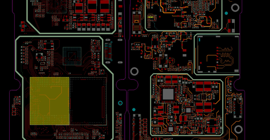 Drone flight control PCB layout showing trace routing and ground plane for signal integrity.