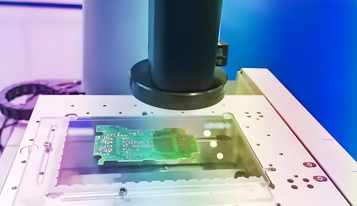 Machine vision system inspecting PCB solder joints for quality control.