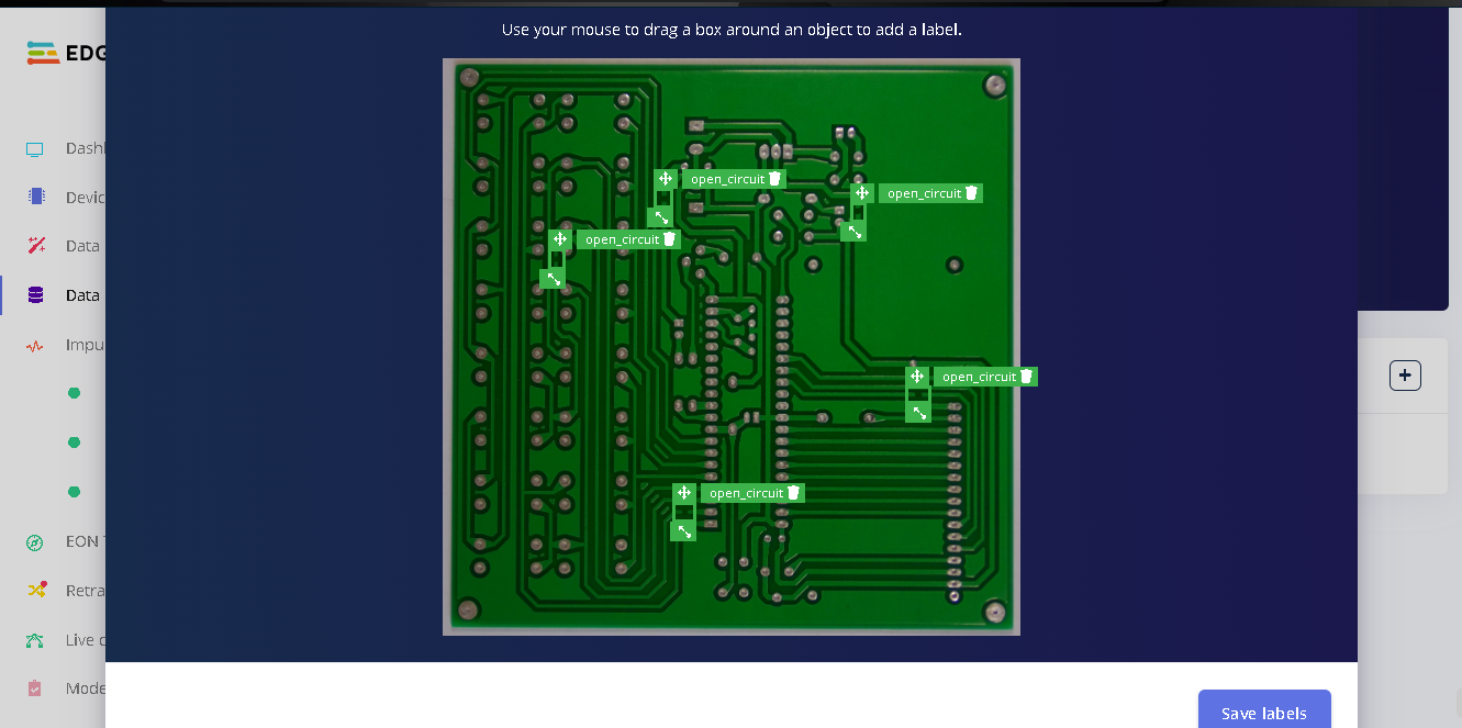 Computer vision software analyzing PCB solder joints for defects.