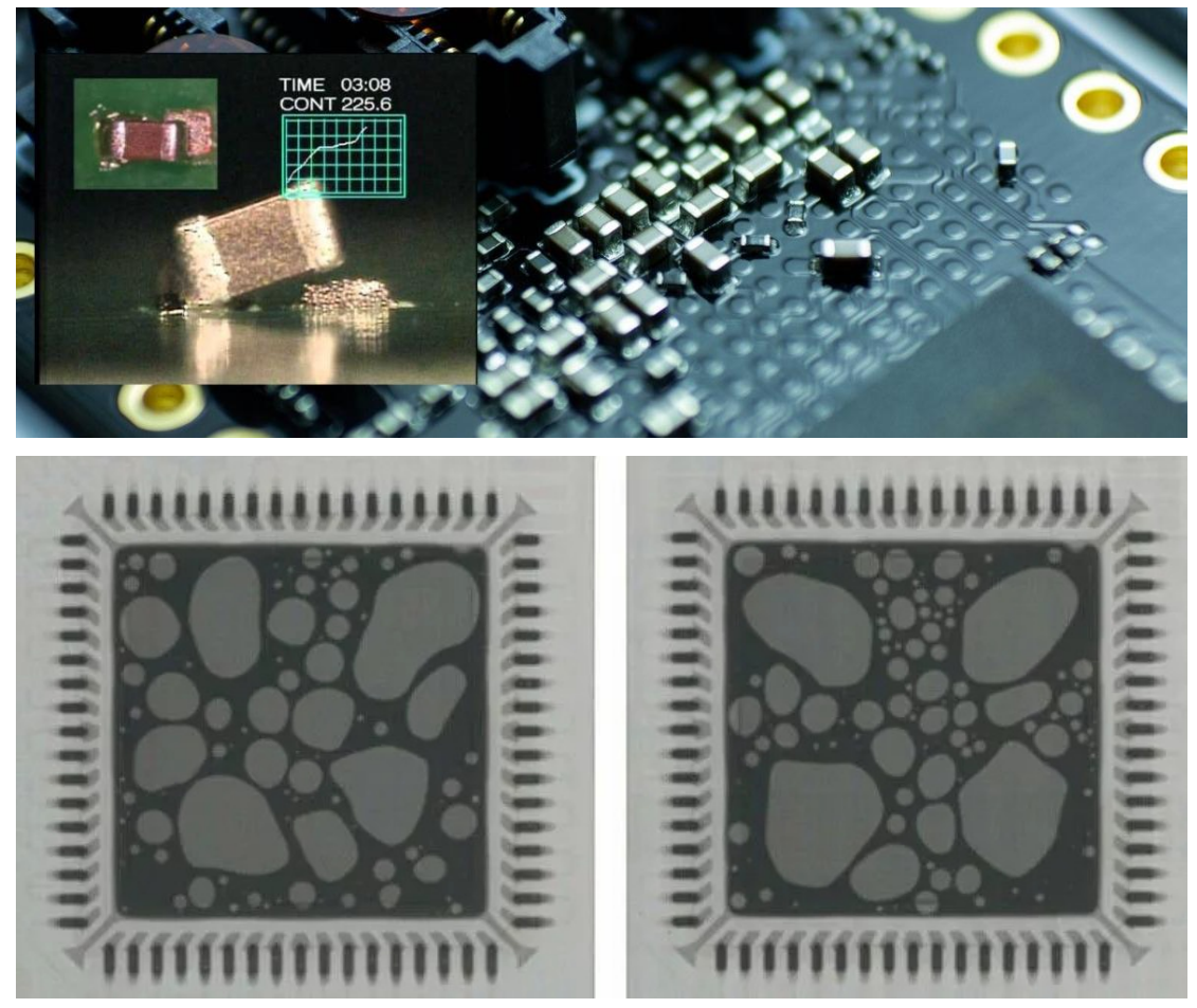 SMT defects on automotive PCB including tombstoning and solder voids