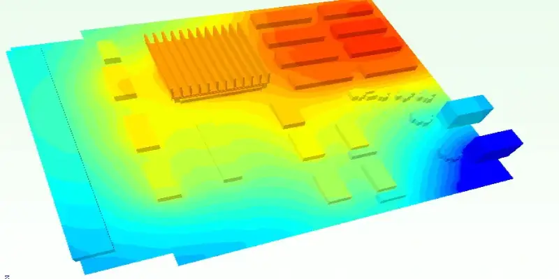 Thermal imaging of a PCB highlighting heat dissipation with high-performance substrate