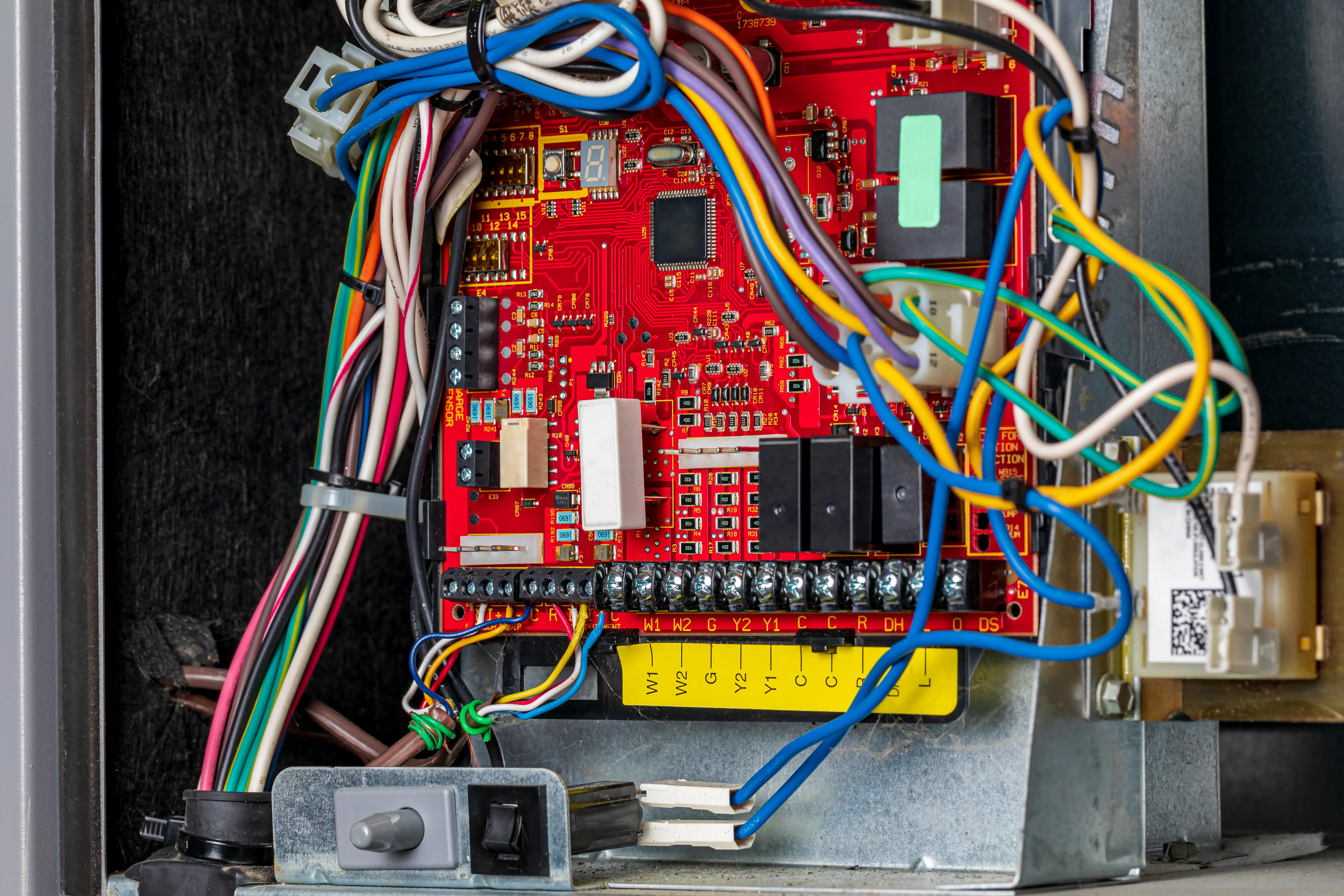 HVAC control panel PCB with components for temperature and fan control