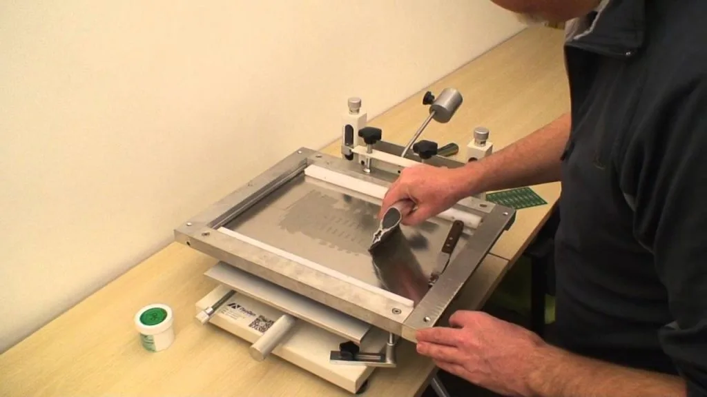 Solder paste application using stencil for audio amplifier PCB SMT assembly"