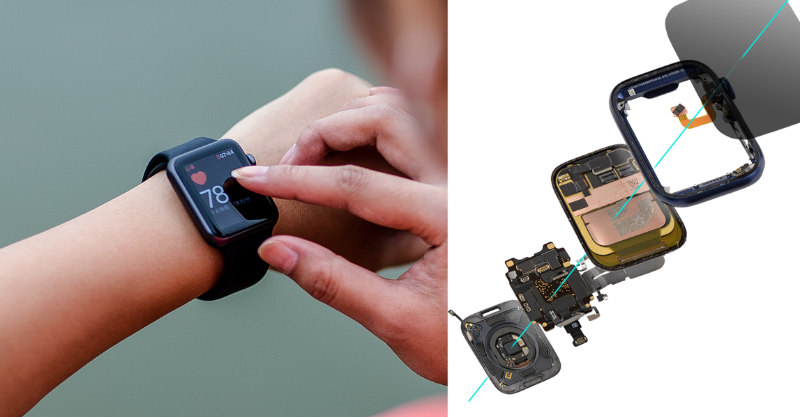 Flexible PCB material in a wearable consumer electronic device.