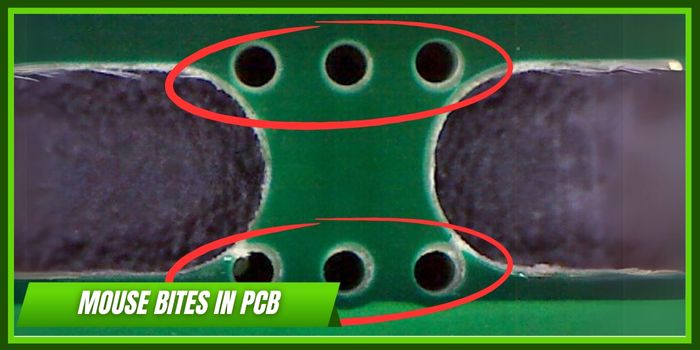 Close-up of mouse bites on PCB breakaway tabs for easy separation.