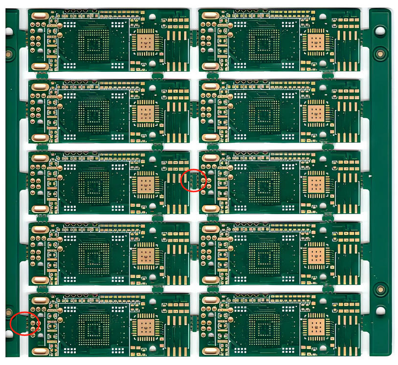 Diagram of optimal break tab placement for stress-free PCB depaneling.