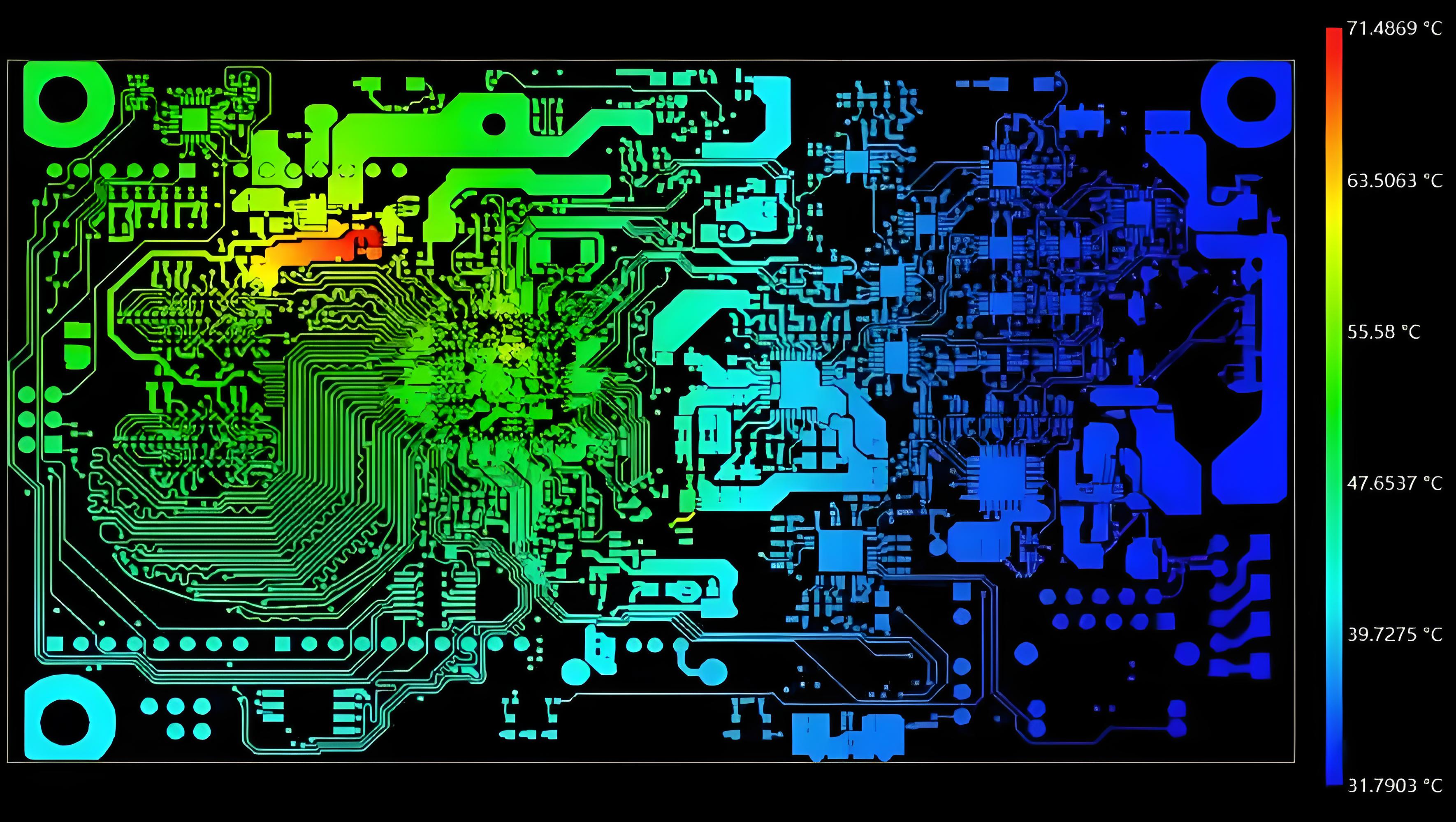 Thermal imaging test of heavy copper PCB prototype for heat dissipation analysis.