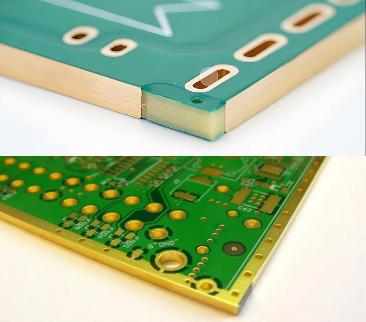 Cross-section of heavy copper PCB showing thick copper layers for high-current applications.