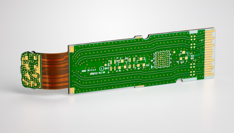 Diagram of a semi rigid-flex PCB showing rigid and flexible areas