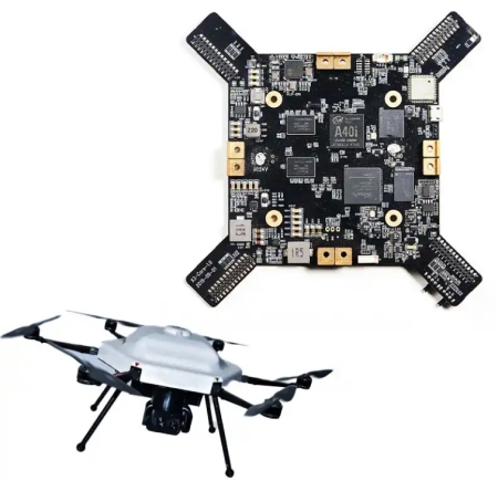 Drone in flight relying on durable PCB surface finish for performance.
