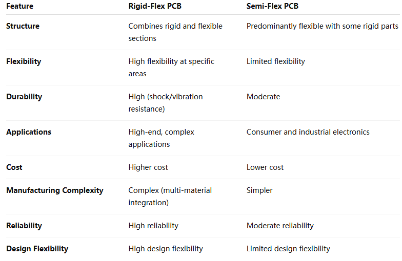 Comparison of rigid flex PCB and semi-flex PCB structures."
