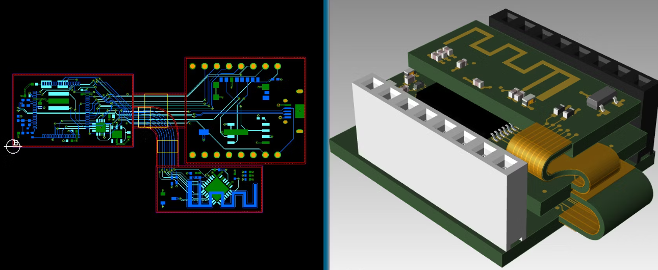 PCB design software displaying a rigid flex PCB layout.