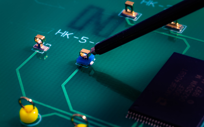 ECU PCB with strategically placed test points for automotive testing.