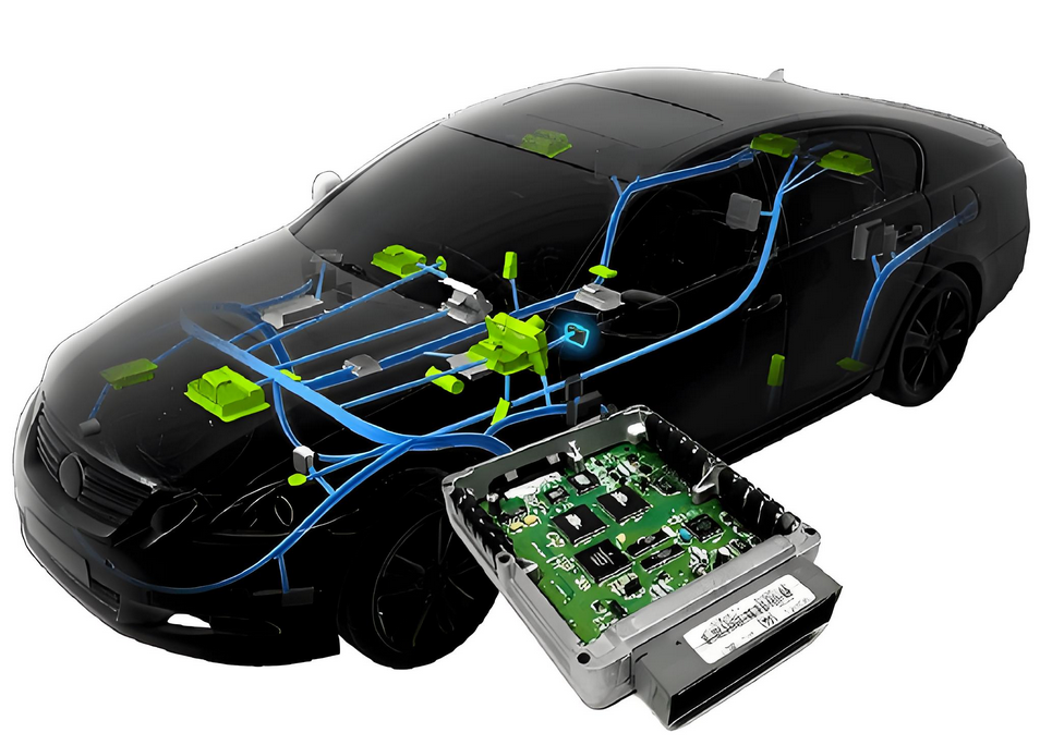Automotive ECU with exposed PCB showcasing intricate design for testing and validation.