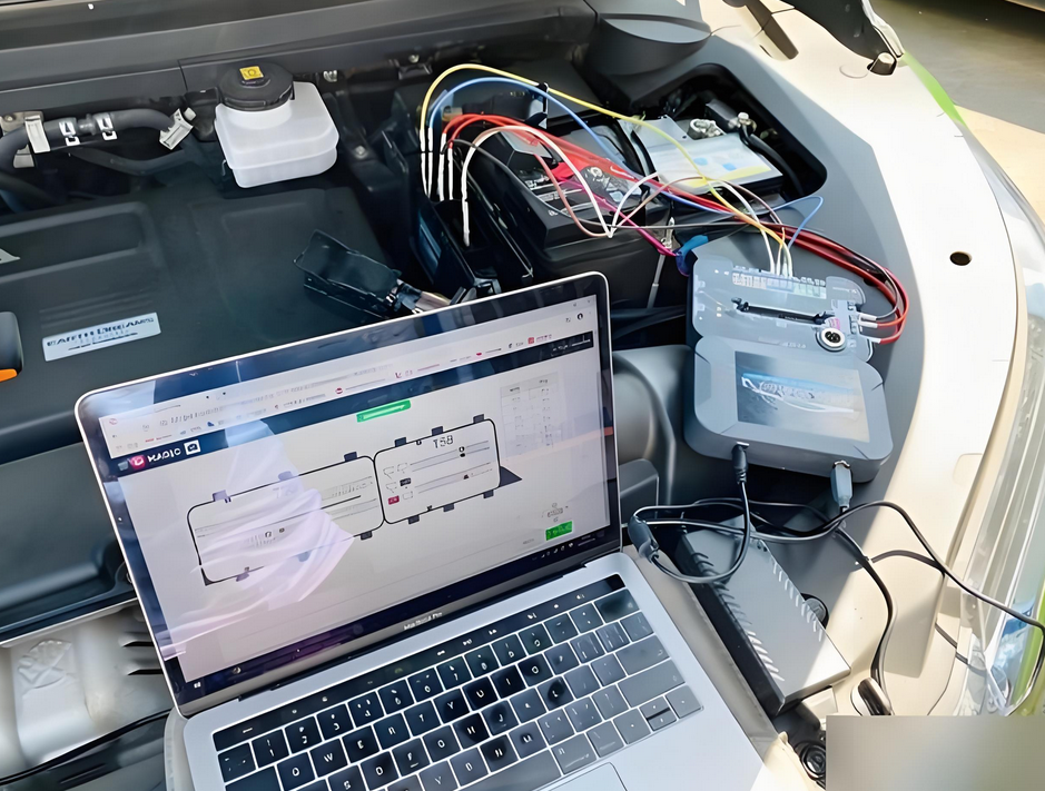 Functional testing setup for automotive ECU with diagnostic tools.