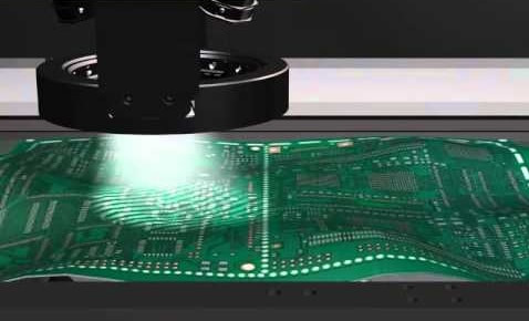 Solder paste inspection machine checking BTC deposits on PCB.