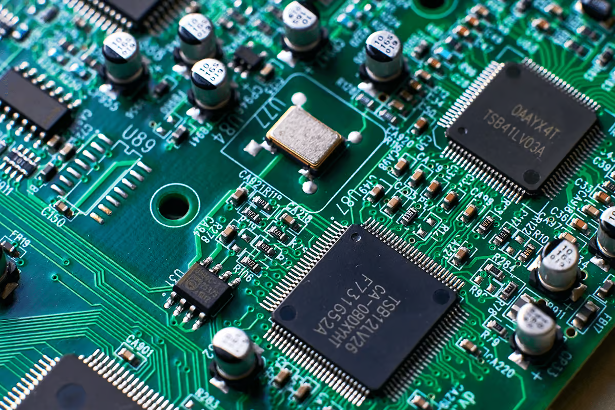 Close-up view of an ADAS PCB showcasing high-density component placement for automotive applications