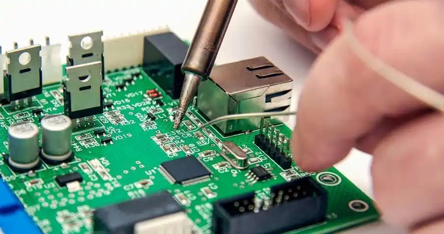 Soldering a component during engine control unit PCB repair.