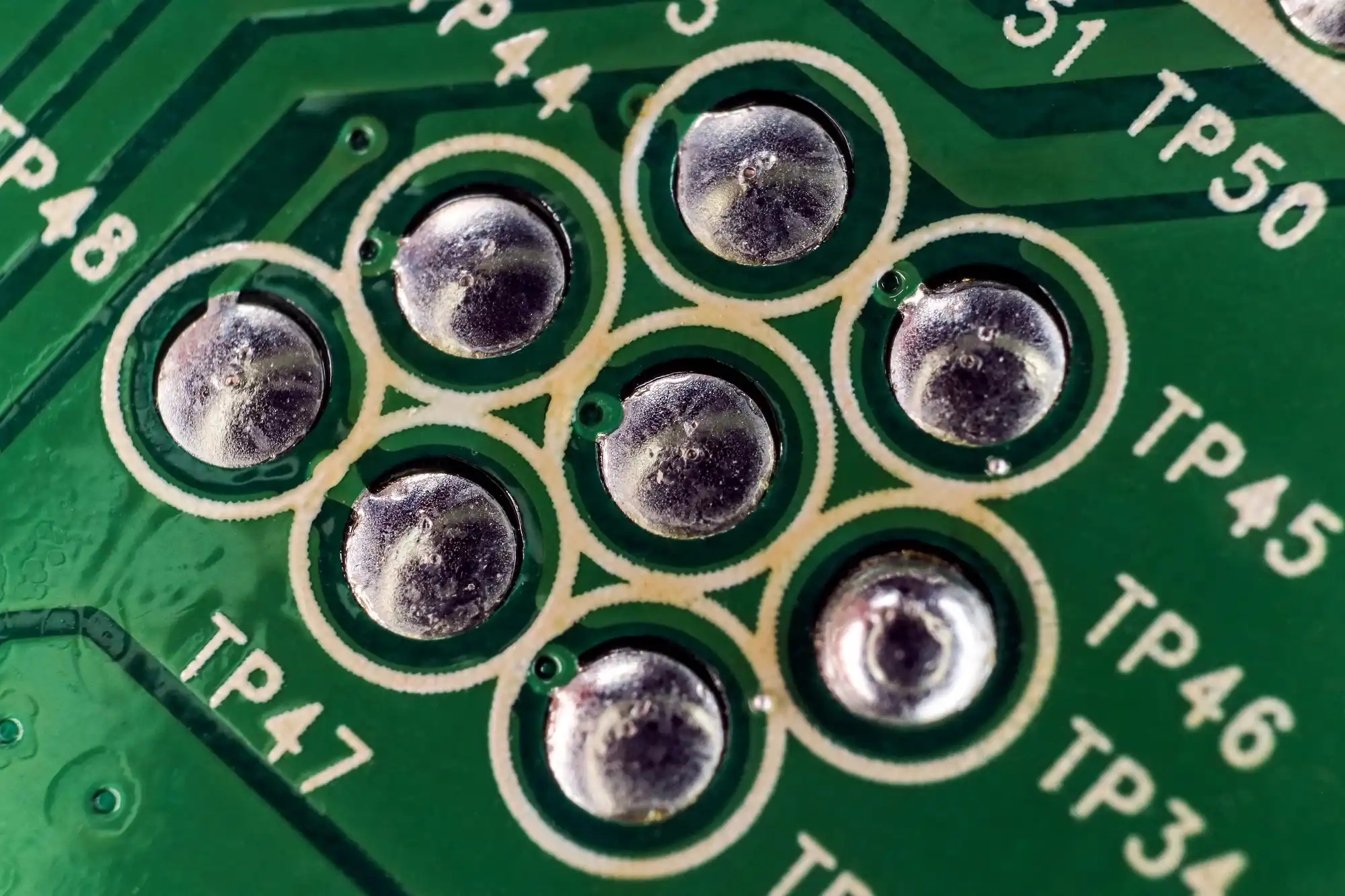 Microscopic view of solder joints on MRI PCB with ENIG surface finish."