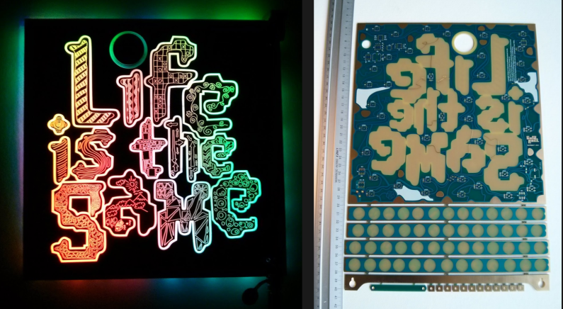 "Multi-layer PCB with hidden inner layer art illuminated by backlight."