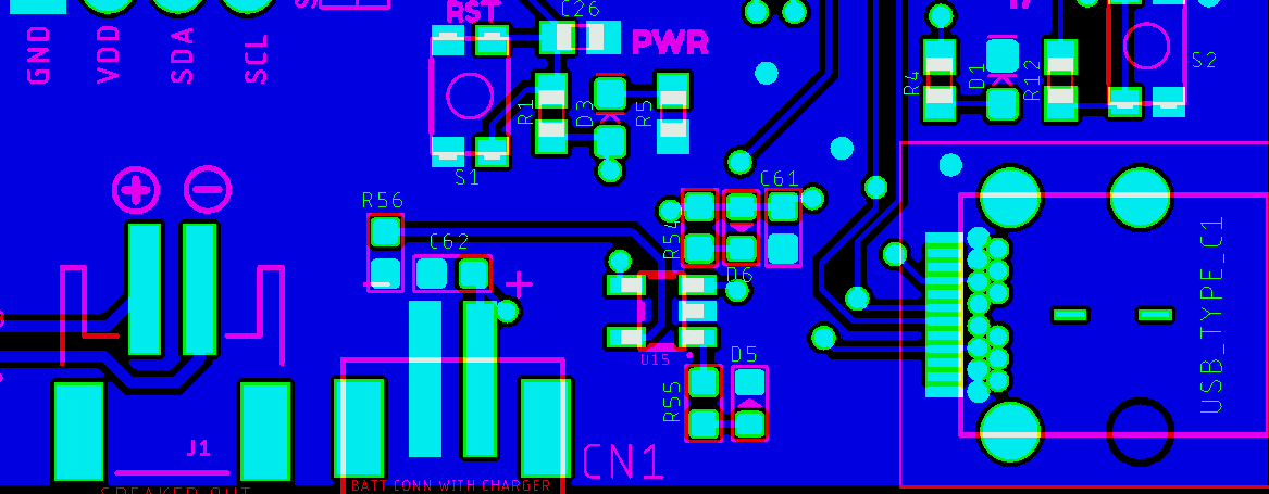 PCB design software view with component labels and polarity indicators.
