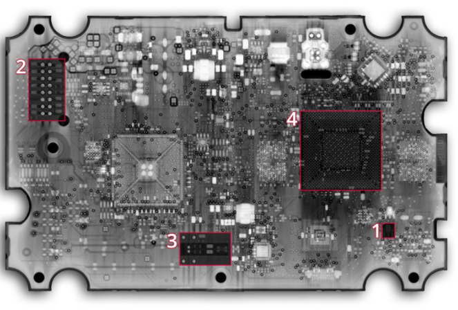Damaged CT scanner PCB showing burnt components and cracked solder joints