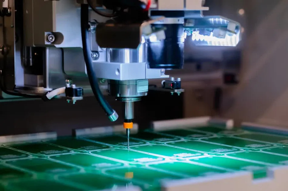 Diagram of laser drilling process for precise component placement on a PCB