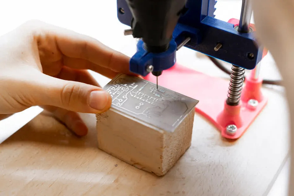 Workbench setup for laser drilling in a DIY smart home sensor project