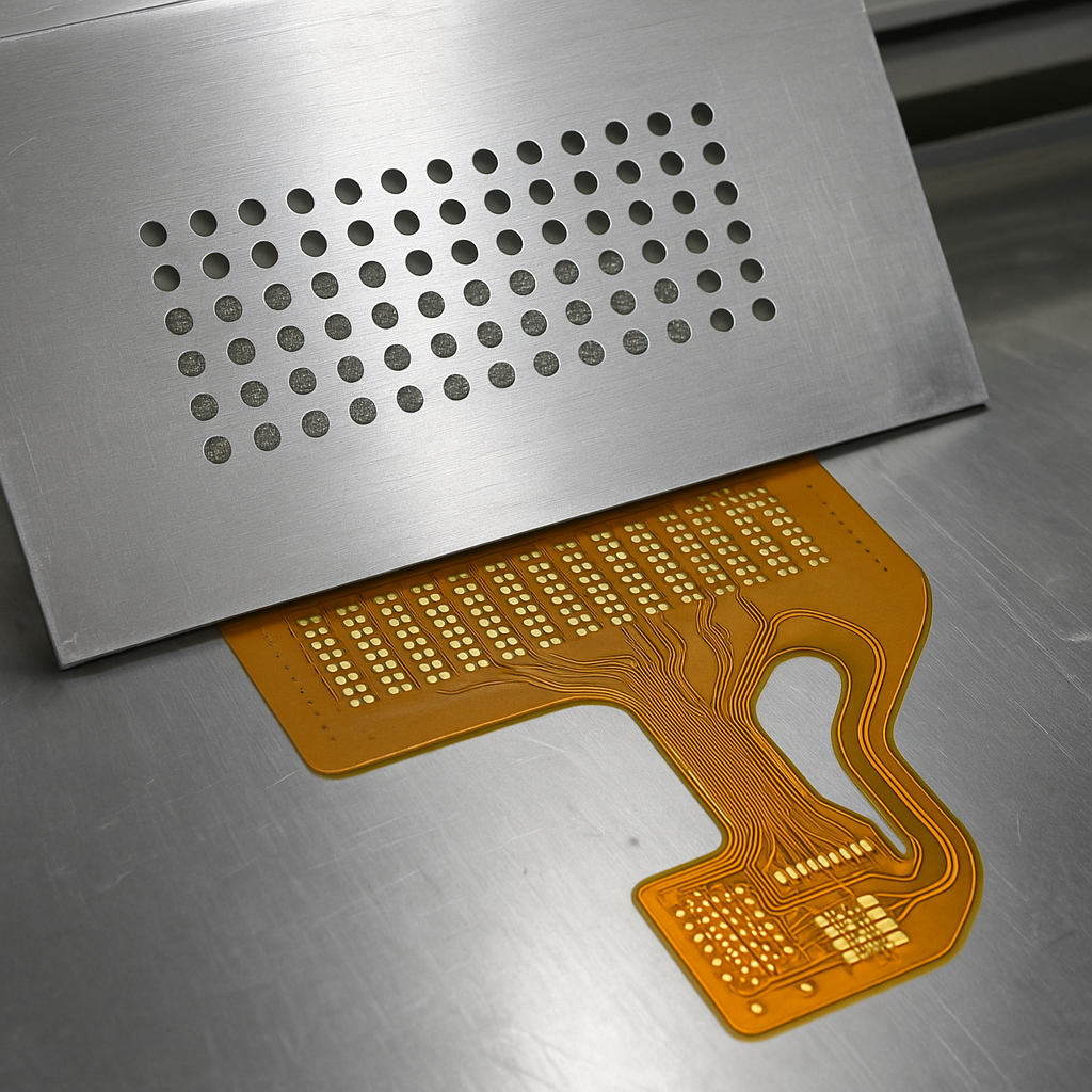 Stencil for flex PCBs aligned with flexible circuitry during solder paste application.