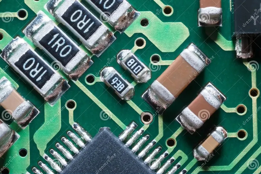 PCB with component codes on resistors and capacitors for hobbyist guide.