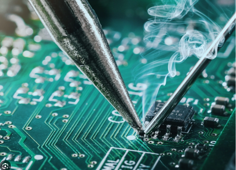 Close-up of PCB stencil with solder paste for SMT assembly
