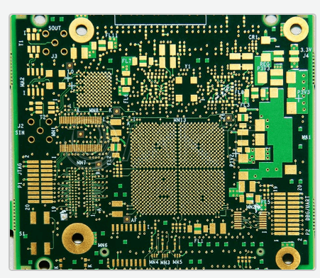 ALT Text: "HDI PCB layout for video processing with fine traces and vias."