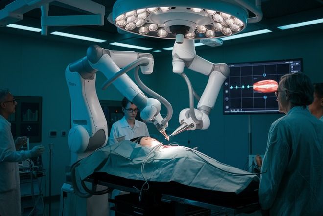 Surgical robot arm with rigid-flex PCB in robotic joint for dynamic flexing