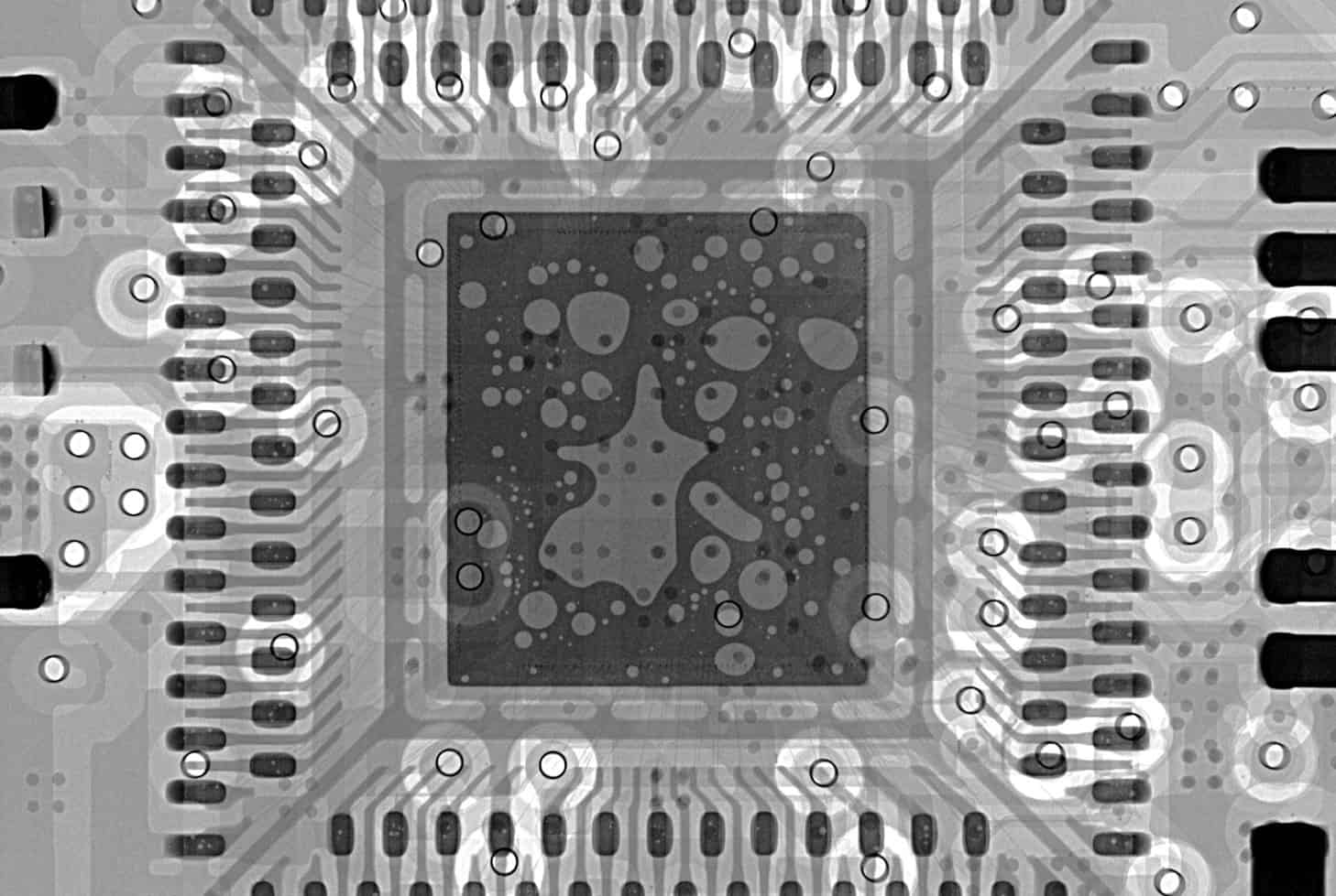 X-ray inspection image of PCB showing component placement