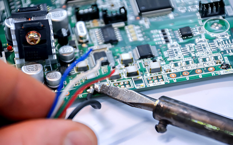 Soldering a new component during electromechanical device repair.