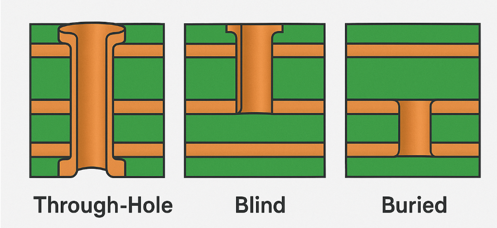 Diagram of various PCB via types including through-hole, blind, and buried.