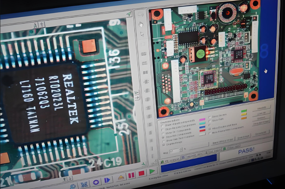 AOI machine inspecting a fine-pitch PCB for imaging defects
