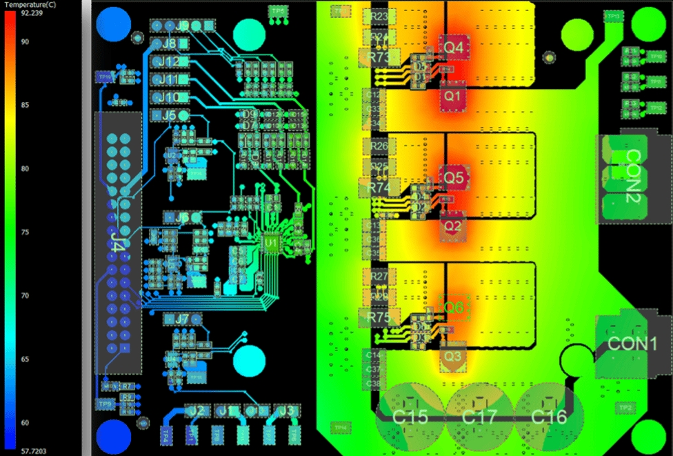 Thermal simulation of high-current PCB for power tool charger with thermal vias.