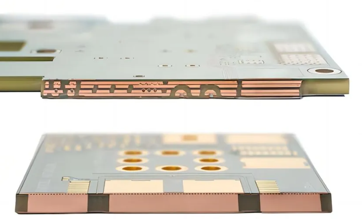 "Cross-section of a heavy copper PCB showing thick copper layers for high current applications."