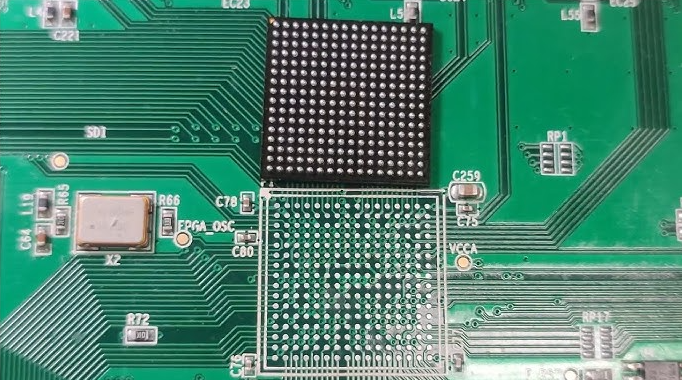 Close-up of BGA component on a printed circuit board