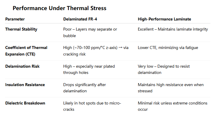 Comparison of delaminated FR-4 PCB and high-performance laminate under thermal stress.